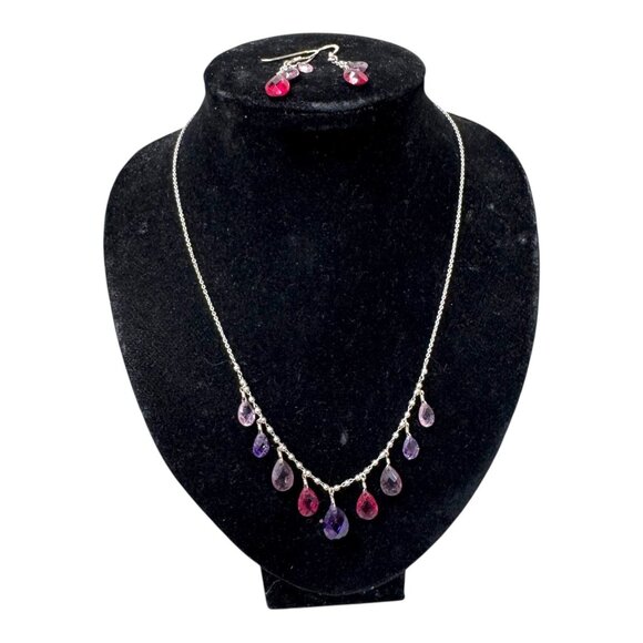 MWS Sterling Silver Faceted Ruby Amethyst Teardrop Gemstone Necklace Earring Set - Picture 2 of 12